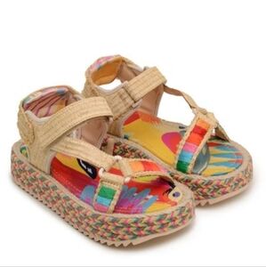NWT FARM RIO COLORFUL TOUCANS PLATFORM RAFFIA VELCRO SANDAL